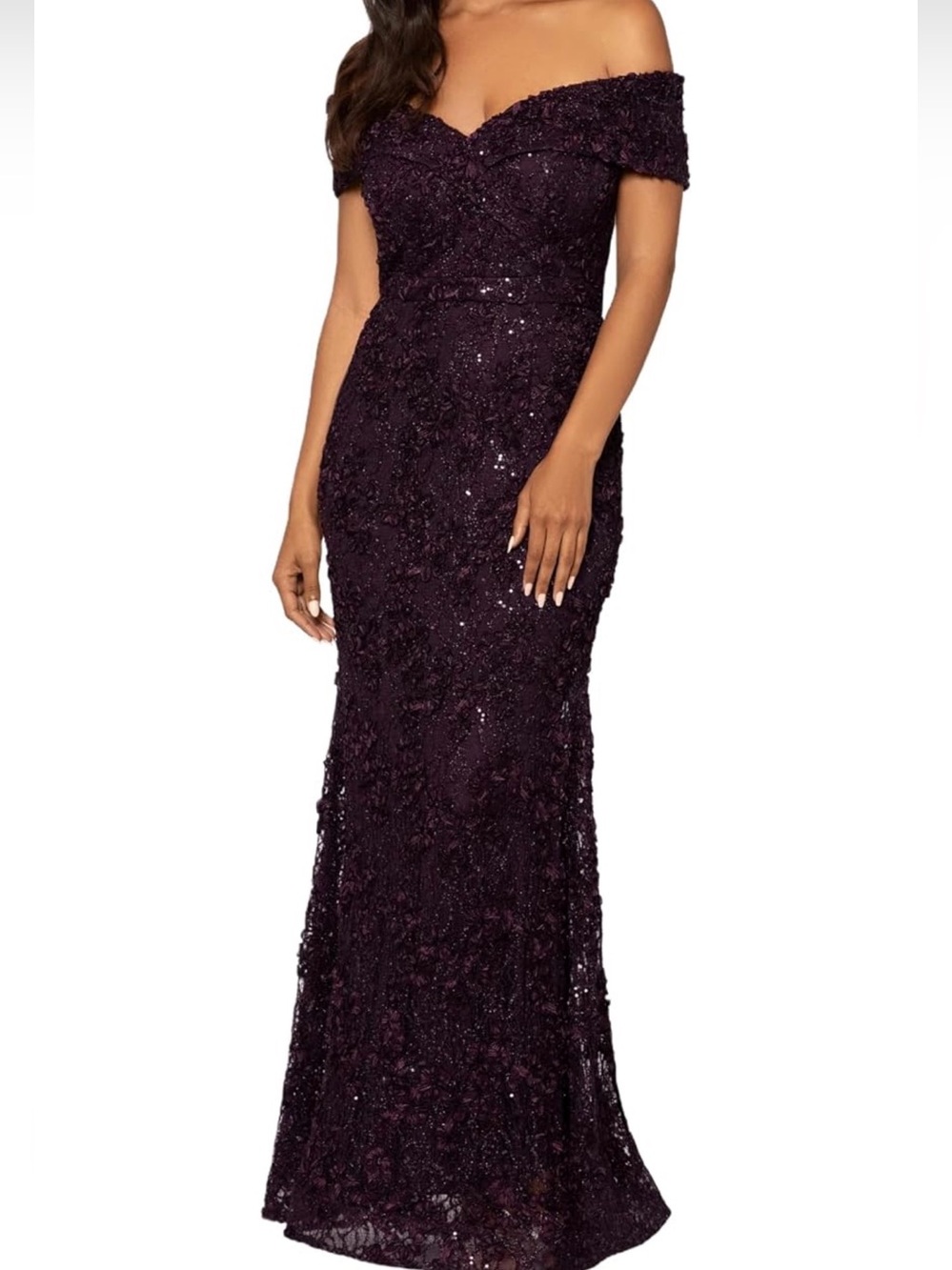 NWT Xscape Off-Shoulder Sequin Gown in Deep Plum Formal, 4P